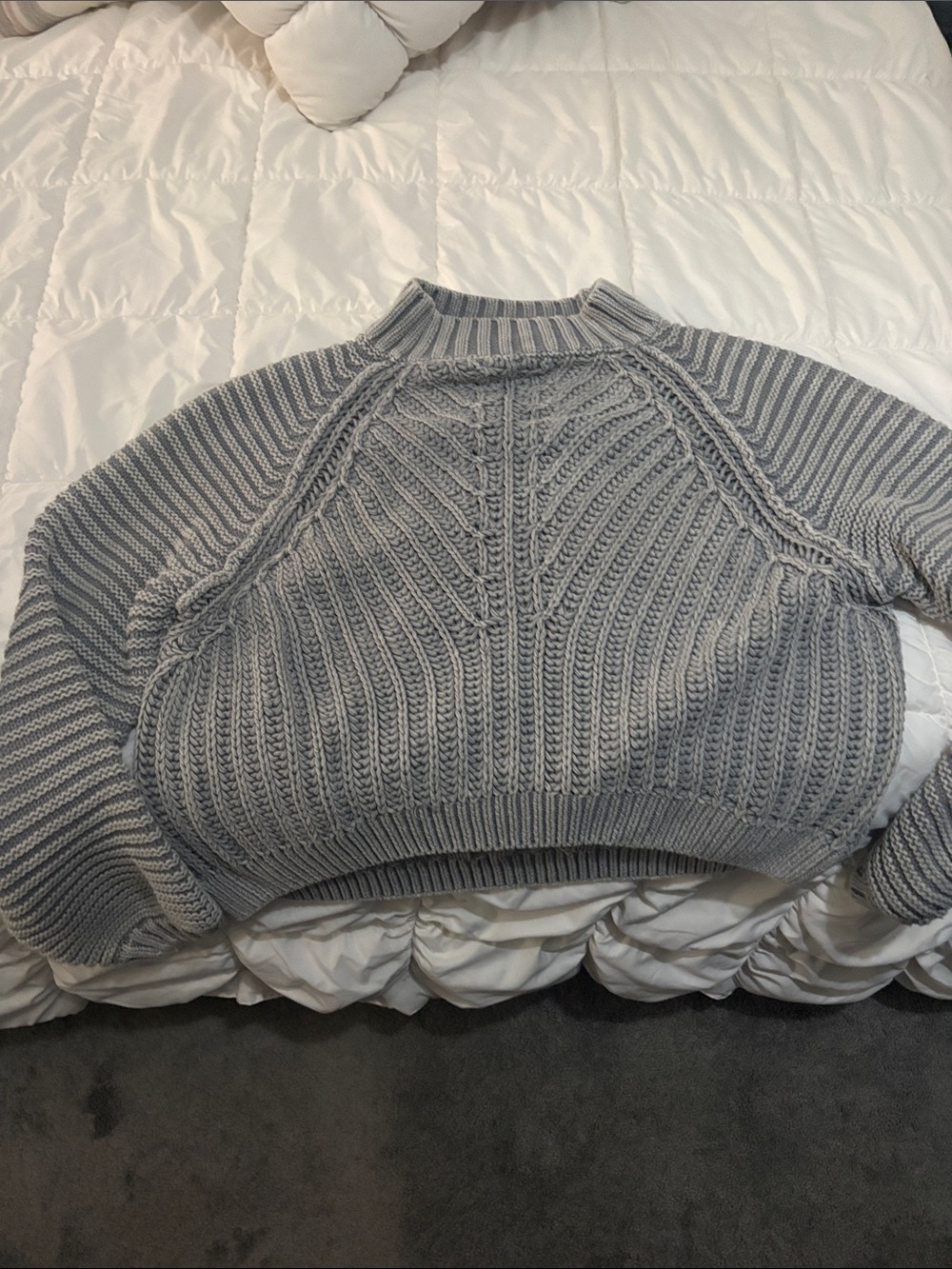 Free People Gray Cable Knit Cropped Turtleneck Sweater